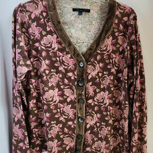 BODEN British Designer Button Down Cotton Cardigan Top w/Velour Accents Size 16
